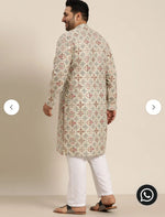 Men's Cotton Linen Cream and Multi Printed Kurta and White Pyjama in Berlin