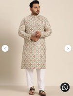 Men's Cotton Linen Cream and Multi Printed Kurta and White Pyjama in Berlin