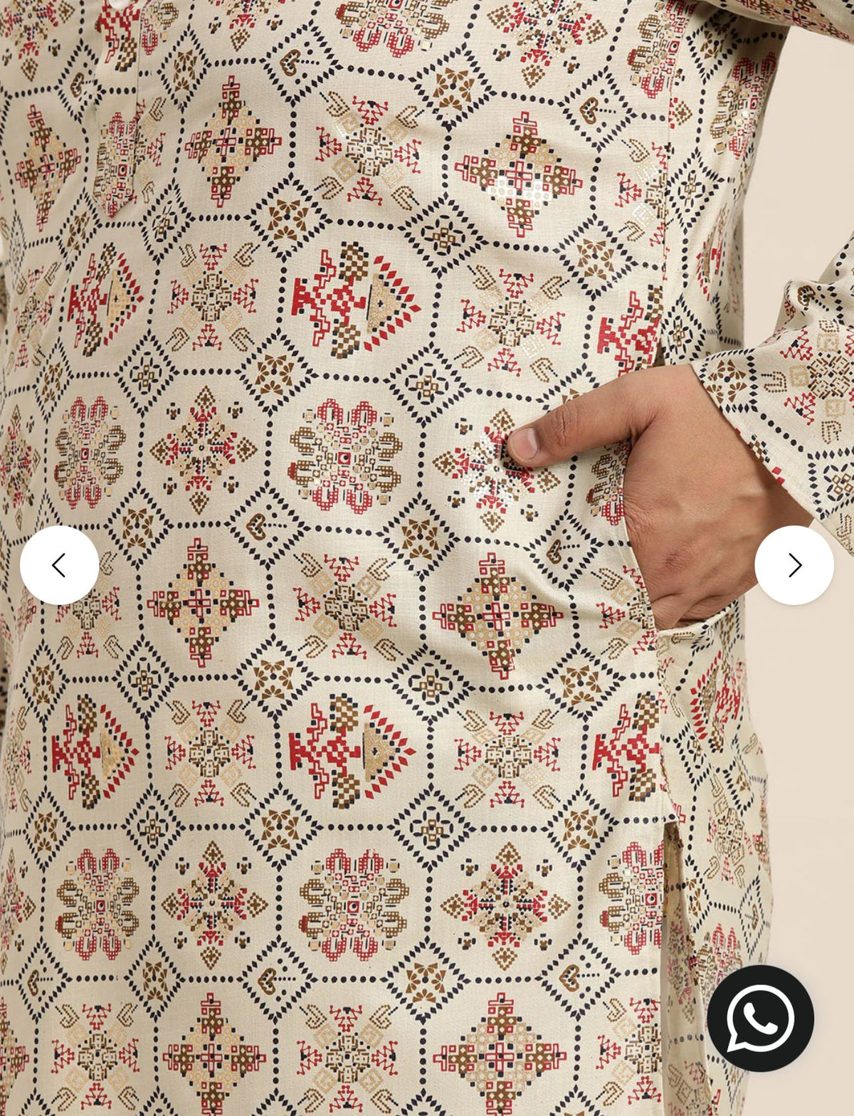 Men's Cotton Linen Cream and Multi Printed Kurta and White Pyjama in Berlin