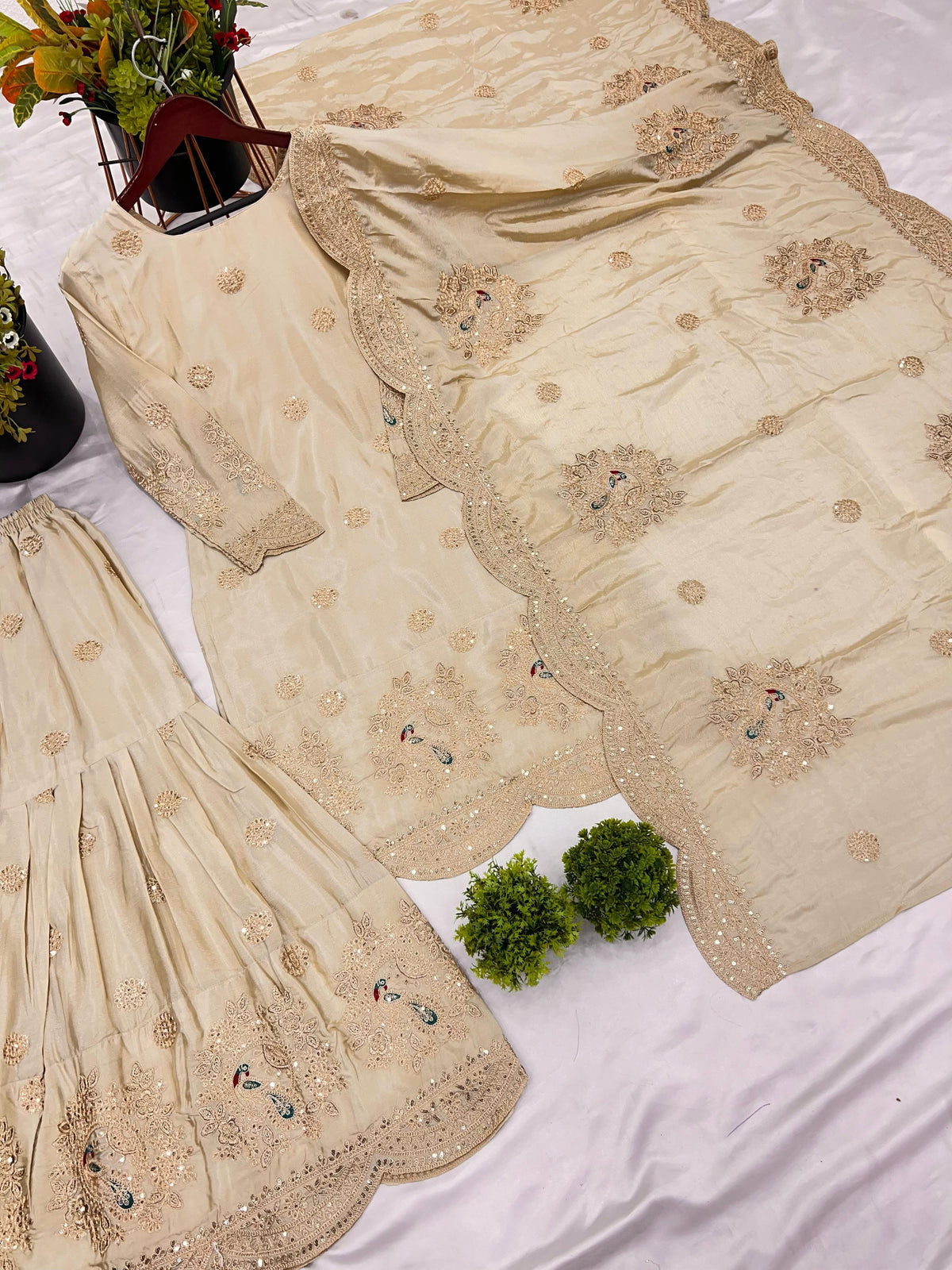 Pure Chinnon With Heavy Embroidery Coding Dori-Sequence Work Top-Bottom And Dupatta Set in Germany