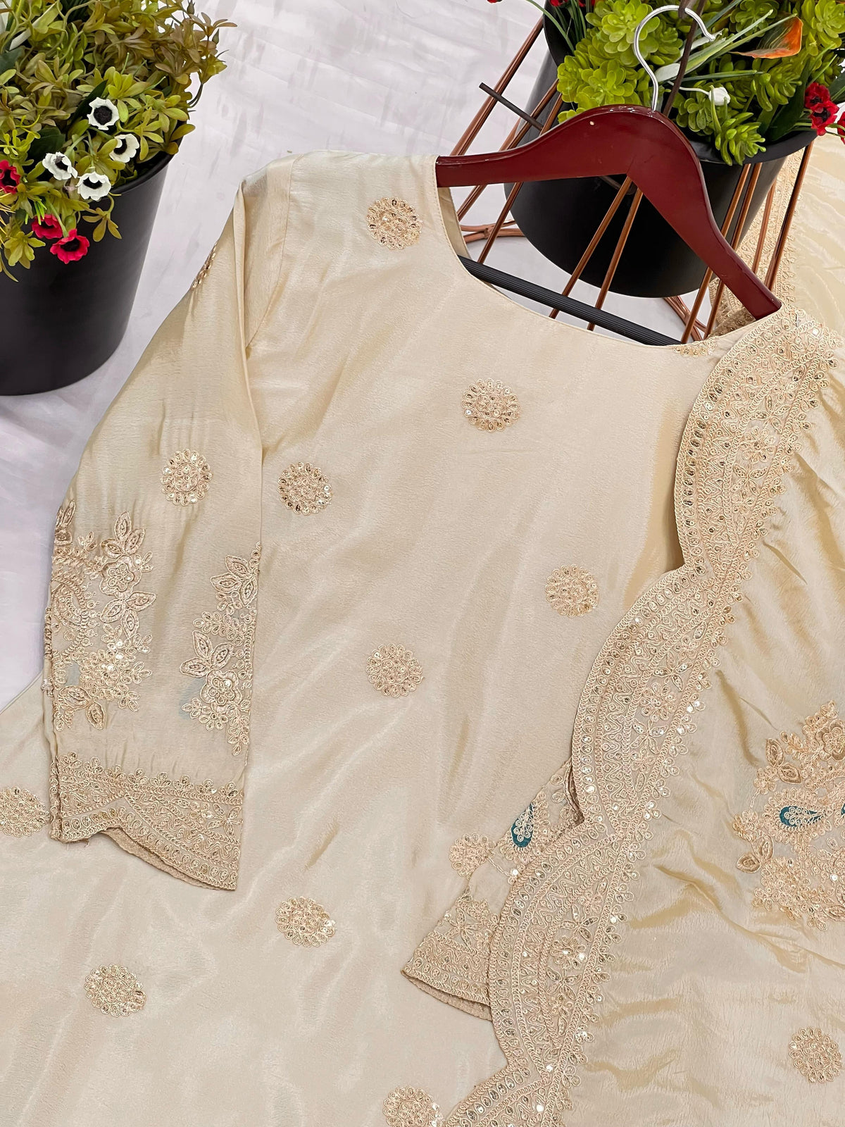 Pure Chinnon With Heavy Embroidery Coding Dori-Sequence Work Top-Bottom And Dupatta Set in Germany