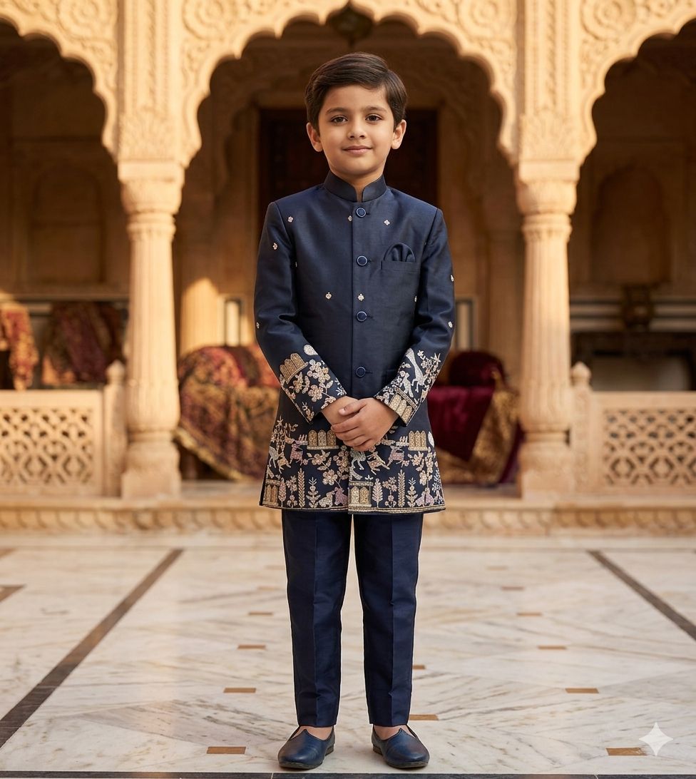 Blue Cotton, Silk Embroidery Sherwani Set in Berlin