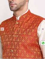 Silk Blend Kurta And Churidar With Jacquard Red Nehru Jacket