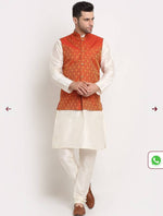 Silk Blend Kurta And Churidar With Jacquard Red Nehru Jacket