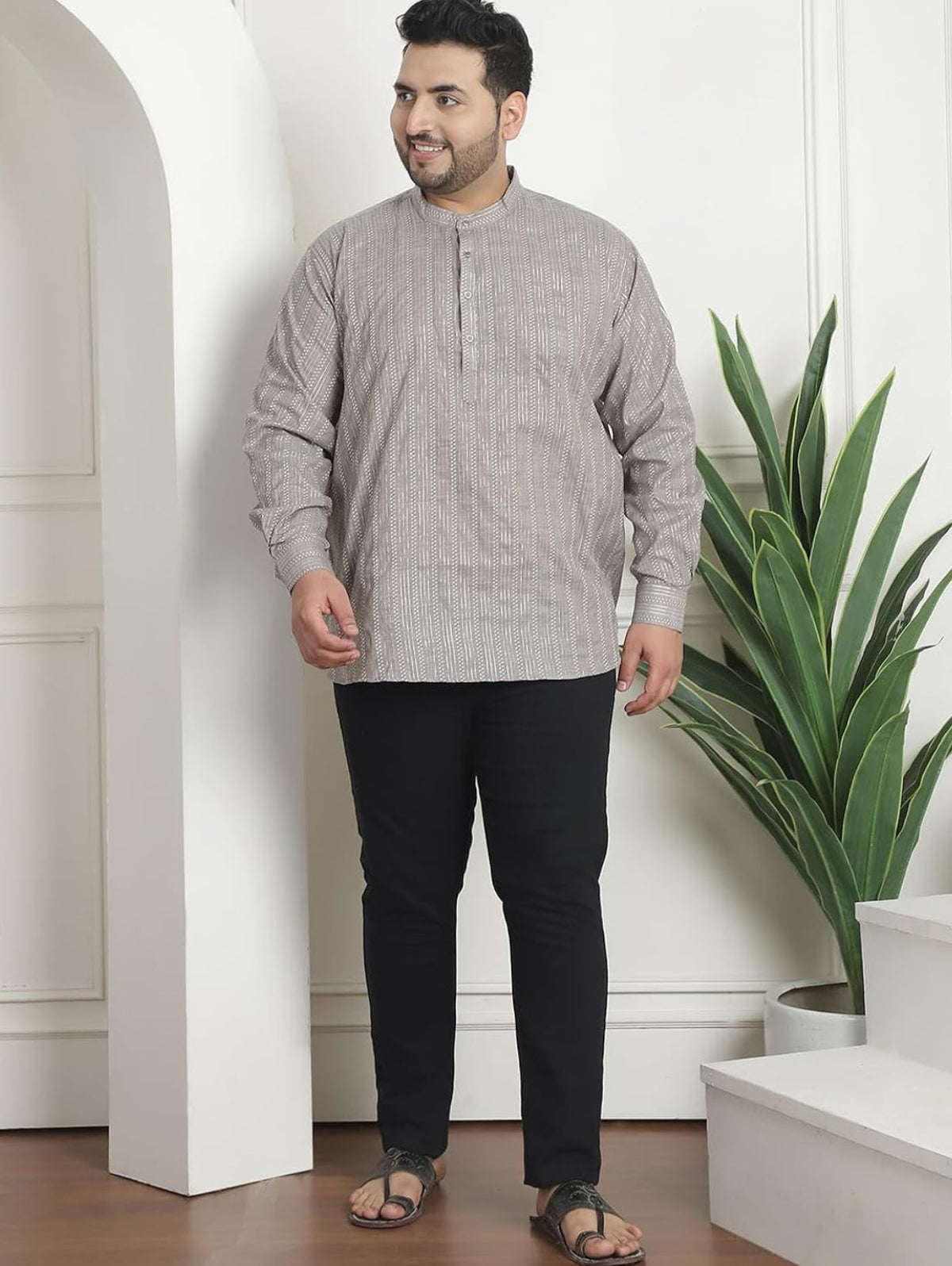 Men's Silk Blend Cream Printed ONLY Long Kurta in Germany