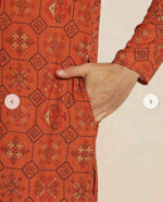 Men's Cotton Linen Orange and Multi Printed Kurta and White Pyjama in Berlin