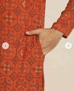 Men's Cotton Linen Orange and Multi Printed Kurta and White Pyjama in Berlin