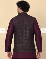 Silk Blend Kurta And Churidar With Jacquard Red Nehru Jacket