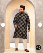 Men's Cotton Linen Printed Black Long Kurta In Germany