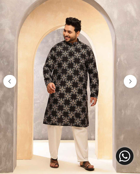 Men's Cotton Linen Printed Black Long Kurta In Germany