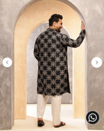Men's Cotton Linen Printed Black Long Kurta In Germany
