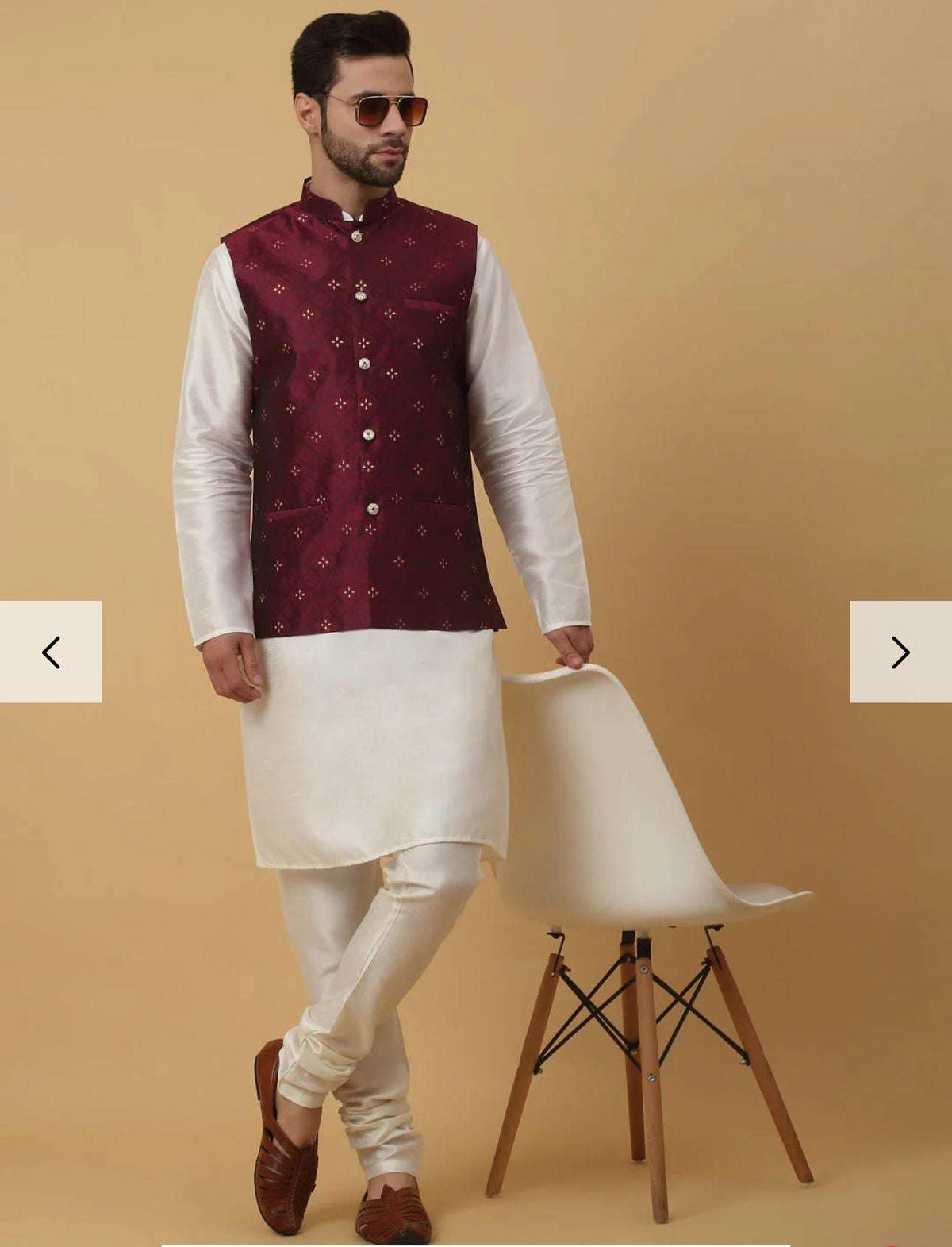 Silk Blend Kurta churidar with Jacquard Geometric Sleeveless Nehru Jacket set in Germany