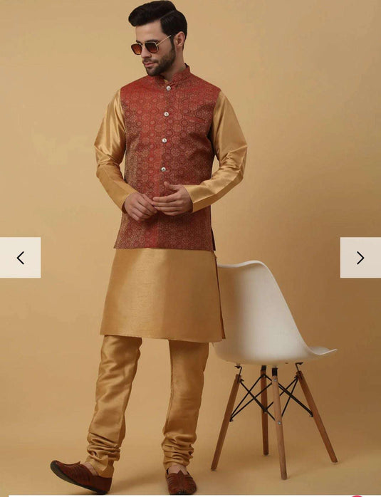 Men's Silk Blend Gold Kurta, Churidar with Jacquard Bandhani Silk Blend Nehru Jacket Set in Berlin Namma Markt