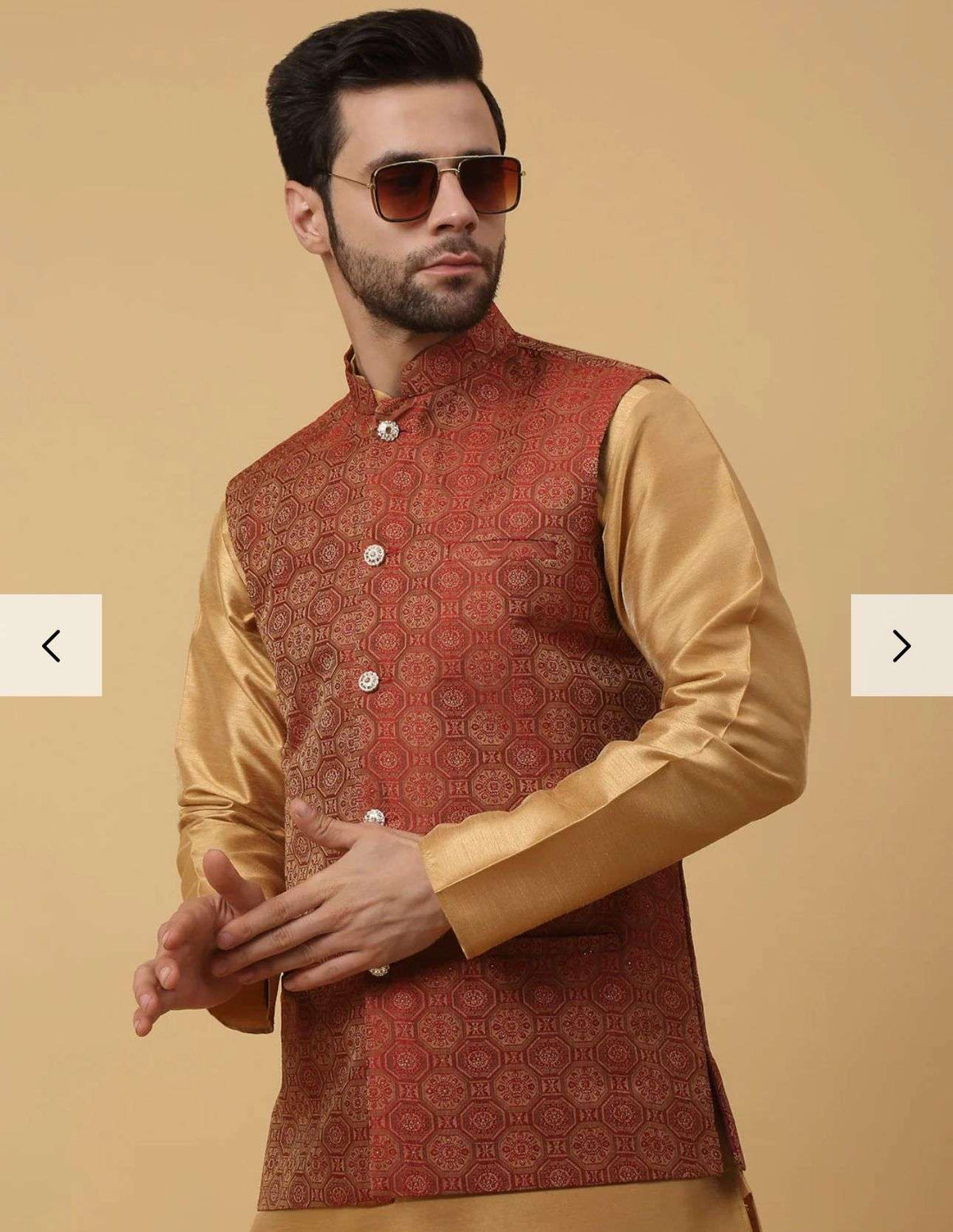 Men's Silk Blend Gold Kurta, Churidar with Jacquard Bandhani Silk Blend Nehru Jacket Set in Berlin