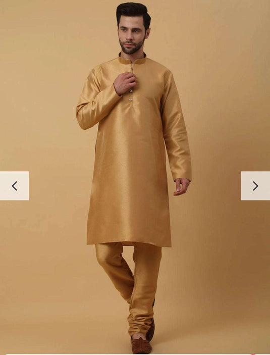 Men's Silk Blend Gold Kurta, Churidar with Jacquard Bandhani Silk Blend Nehru Jacket Set in Berlin Namma Markt