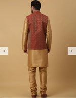 Men's Silk Blend Gold Kurta, Churidar with Jacquard Bandhani Silk Blend Nehru Jacket Set in Berlin