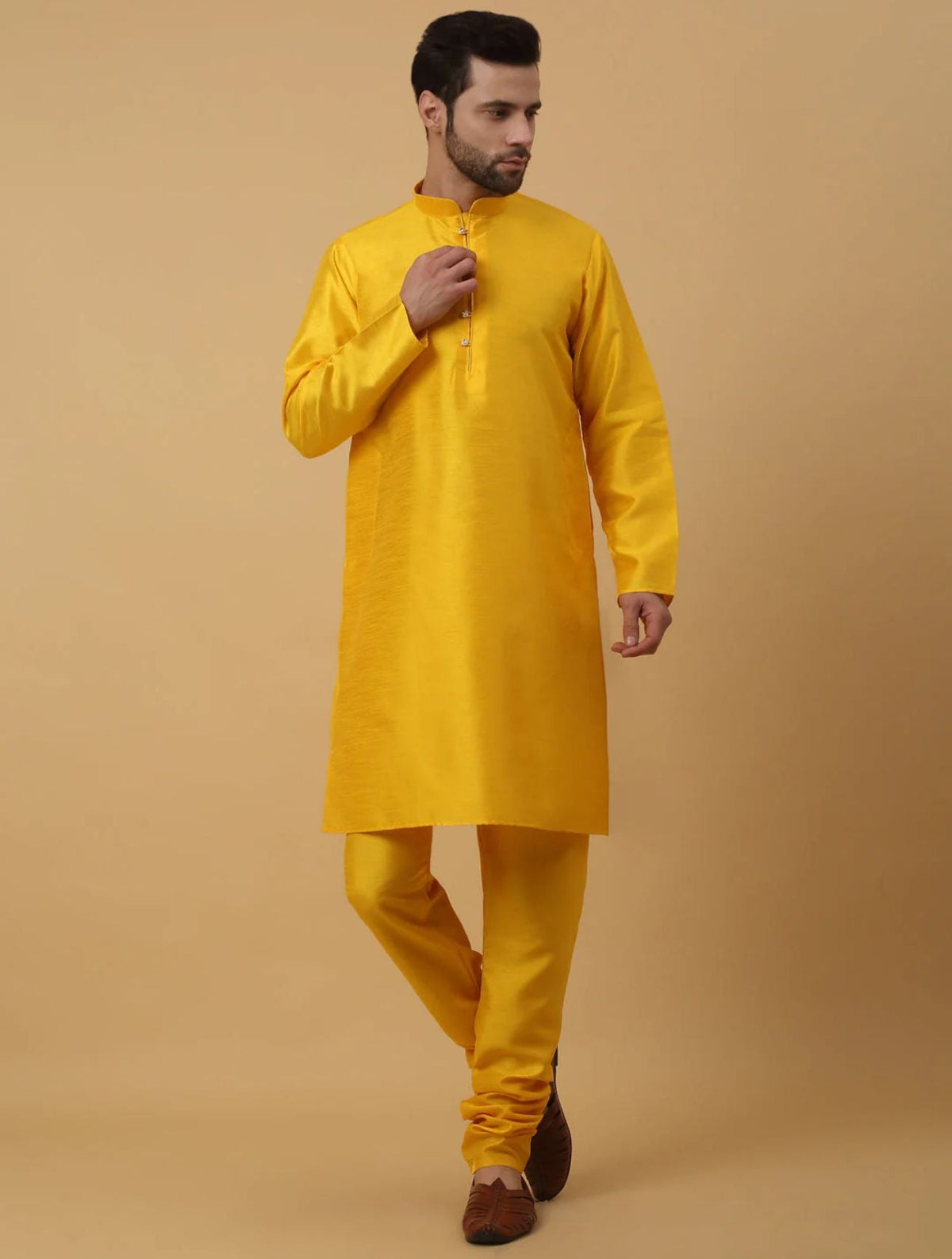 Men's Silk Blend Yellow Kurta, Churidar with Jacquard Silk Blend Floral Nehru Jacket Set in Germany