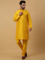 Men's Silk Blend Yellow Kurta, Churidar with Jacquard Silk Blend Floral Nehru Jacket Set in Germany
