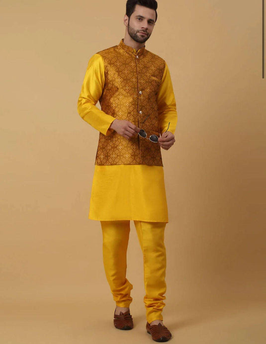 Men's Silk Blend Yellow Kurta, Churidar with Jacquard Silk Blend Floral Nehru Jacket Set in Germany