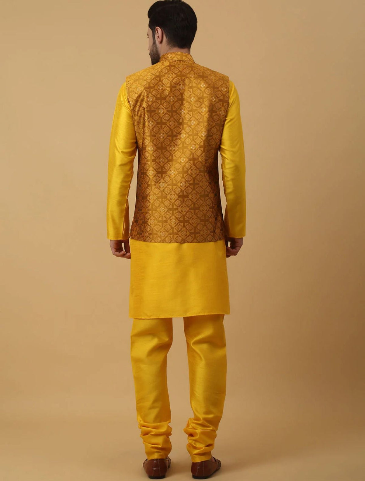 Men's Silk Blend Yellow Kurta, Churidar with Jacquard Silk Blend Floral Nehru Jacket Set in Germany
