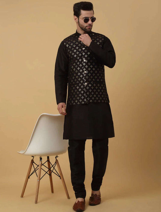 Men's Silk Blend Black Kurta, Churidar with Cotton Silk Sequenced Nehru Jacket Set in Germany