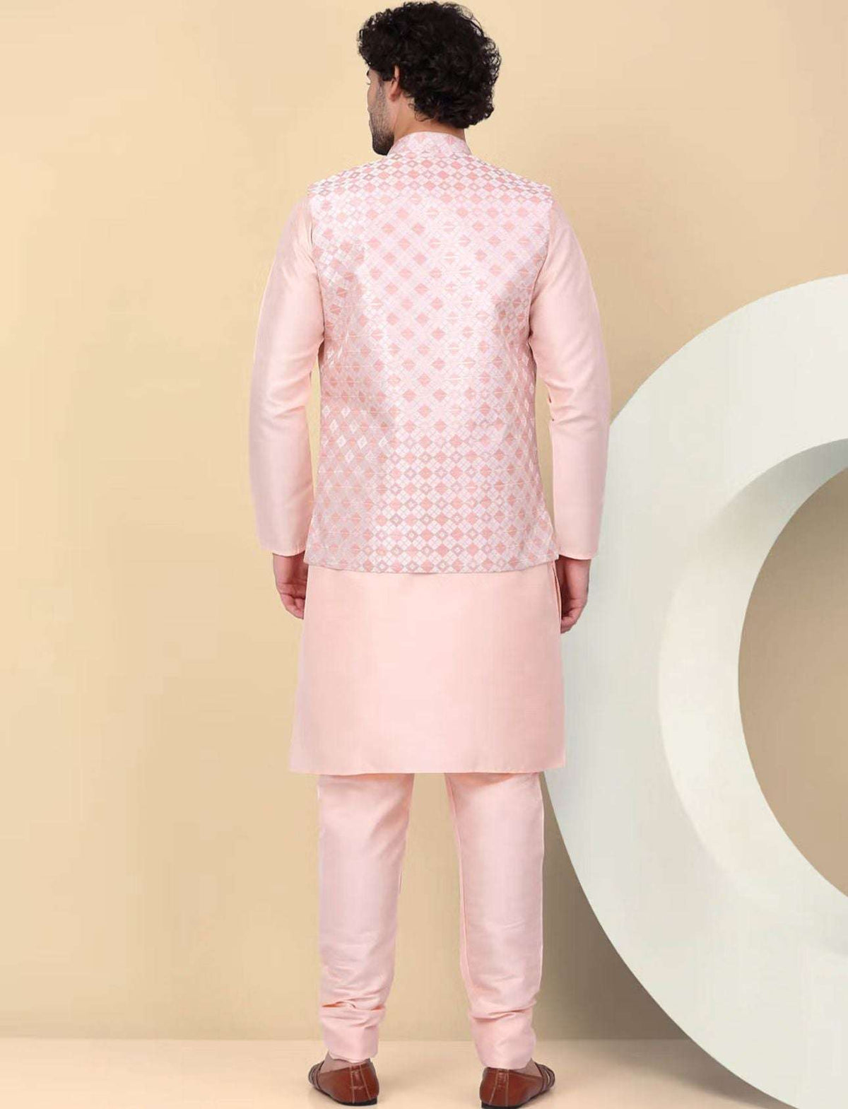 Men's Silk Blend Pink Kurta and Churidar with Embroidered Nehru Jacket in Berlin