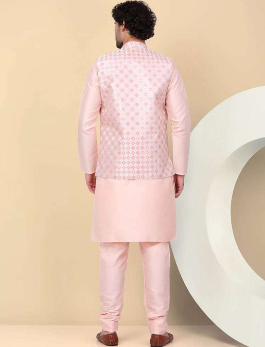 Men's Silk Blend Pink Kurta and Churidar with Embroidered Nehru Jacket in Berlin