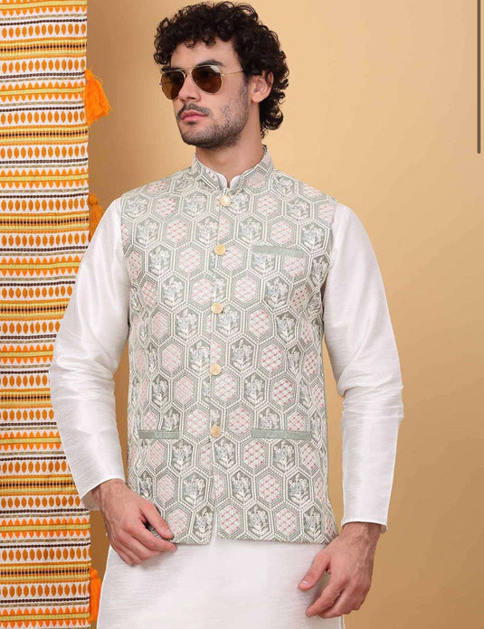 Men White Embroidered Kurta with Churidar and Nehru Jacket Set In Germany Namma Markt