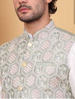 Men White Embroidered Kurta with Churidar and Nehru Jacket Set In Germany