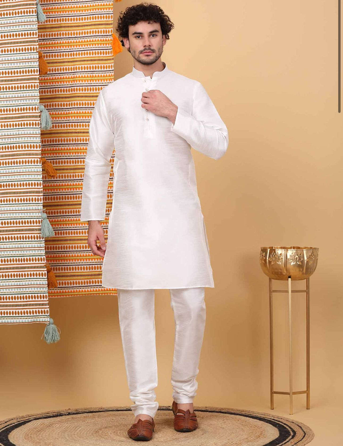 Men White Embroidered Kurta with Churidar and Nehru Jacket Set In Germany Namma Markt