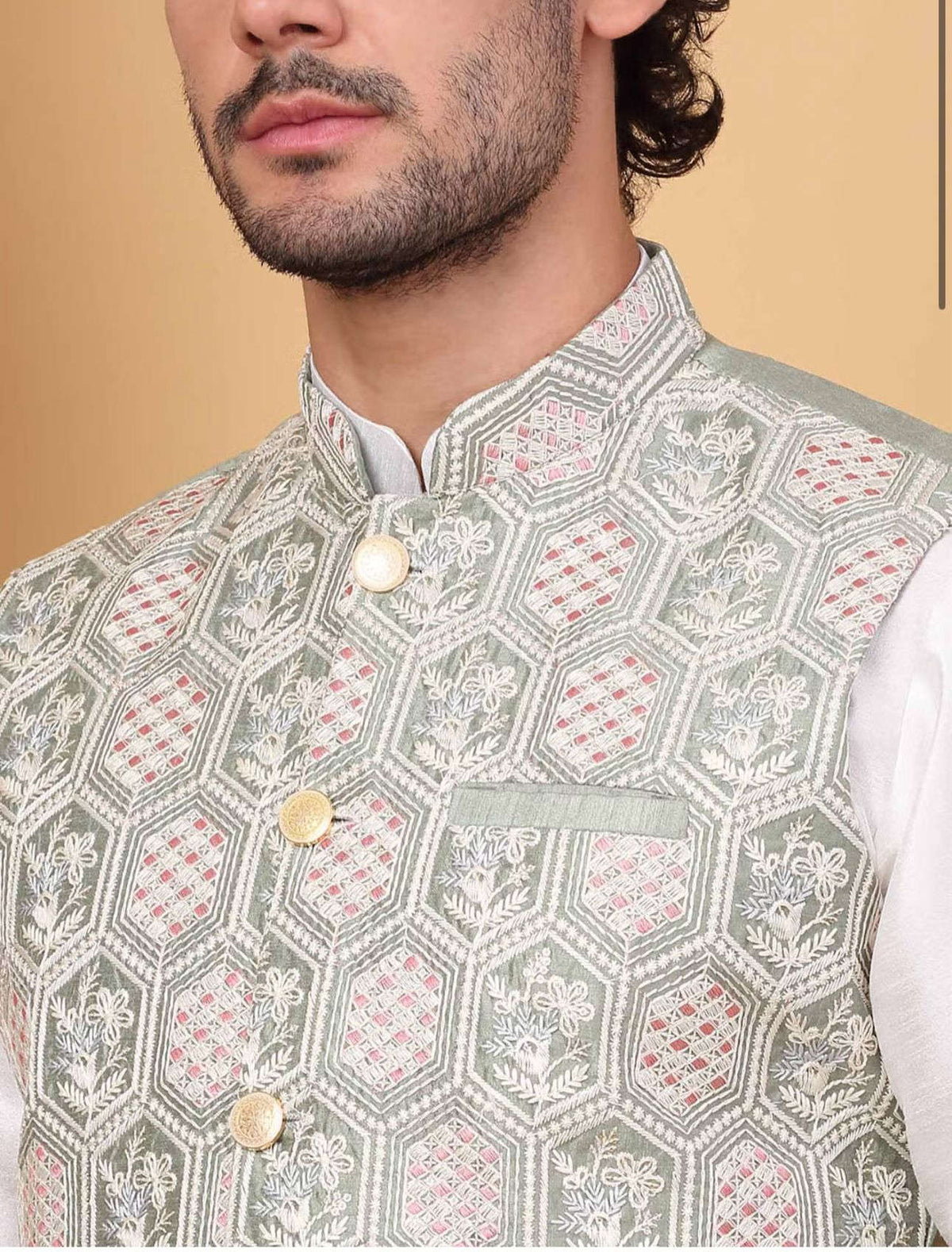 Men White Embroidered Kurta with Churidar and Nehru Jacket Set In Germany Namma Markt