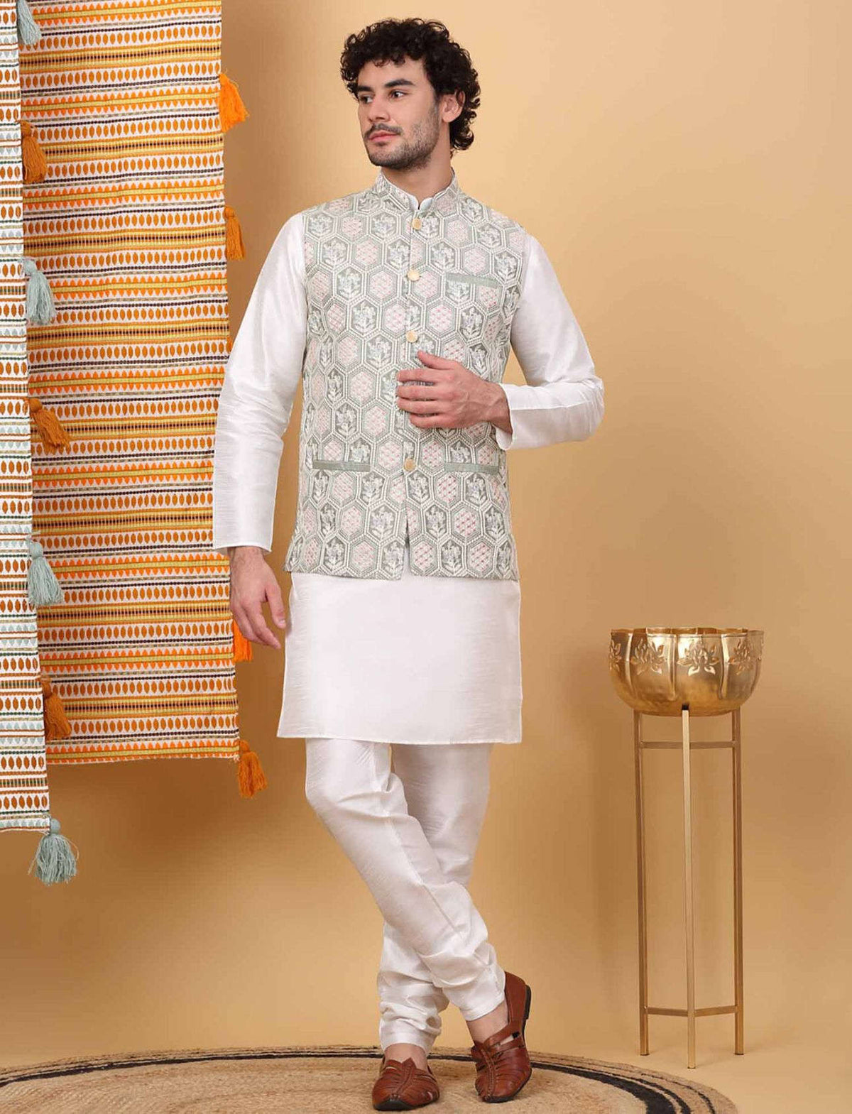 Men White Embroidered Kurta with Churidar and Nehru Jacket Set In Germany Namma Markt