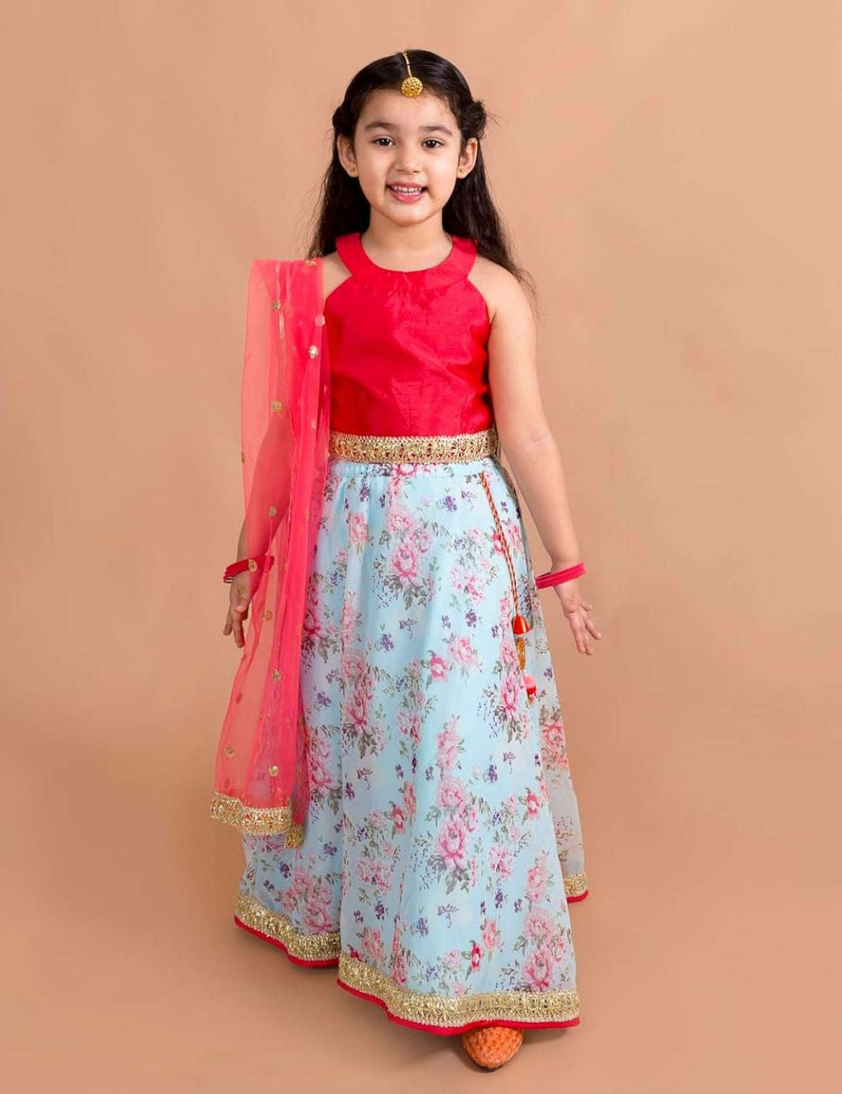 Girls Polyester Red Blue Floral Readymade Lehenga Choli Set in Berlin Namma Markt