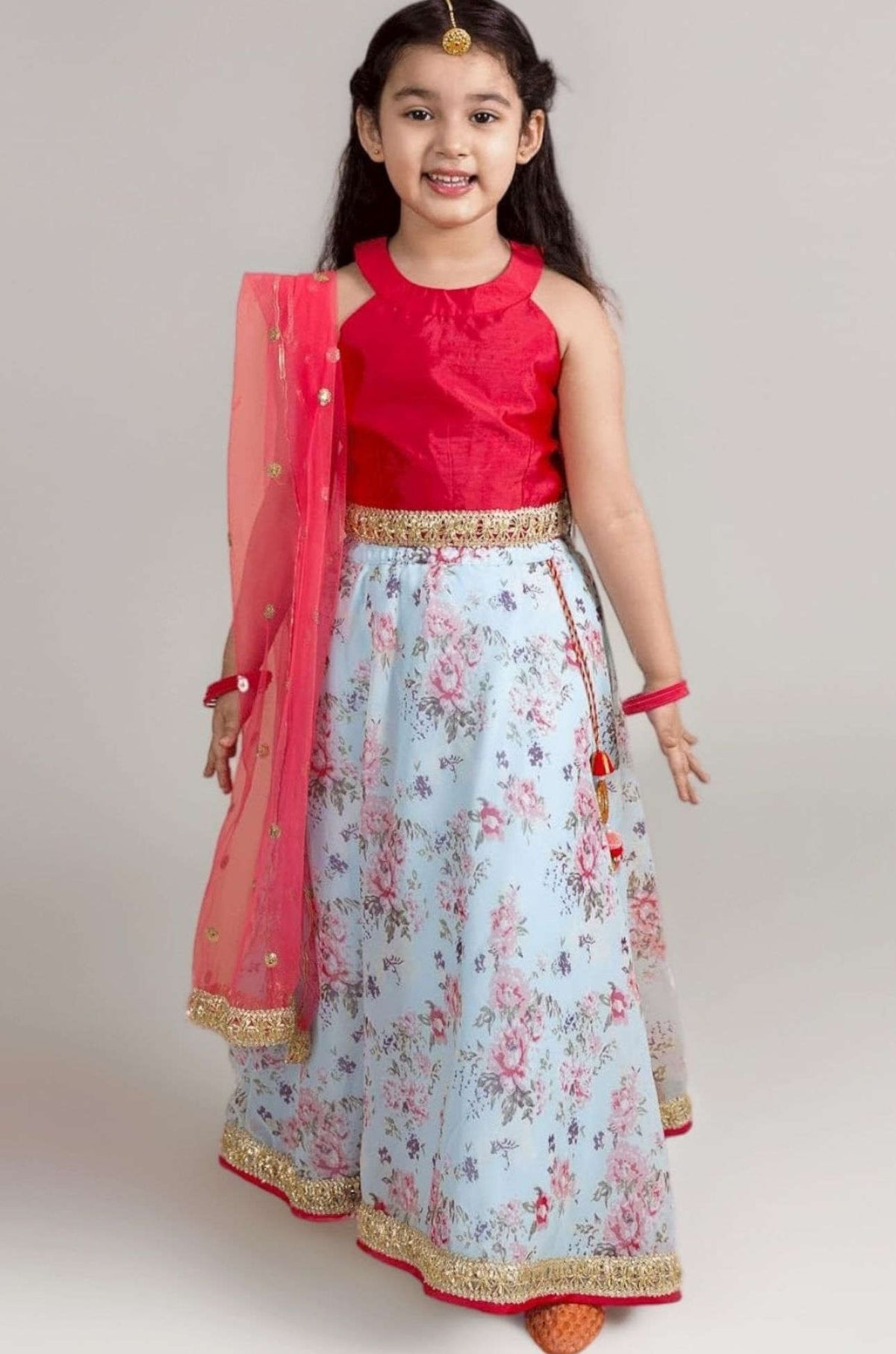 Girls Polyester Red Blue Floral Readymade Lehenga Choli Set in Berlin Namma Markt