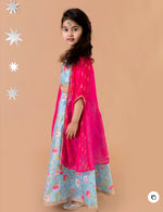 Girls Blue & Pink Floral Printed Silk A-Line Lehenga Choli With Cape in Germany