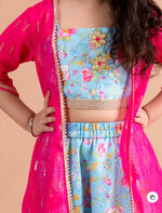 Girls Blue & Pink Floral Printed Silk A-Line Lehenga Choli With Cape in Germany