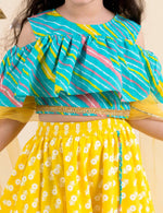 Girls Yellow & Turquoise Blue Cotton Regular Fit Printed Lehenga Choli in Berlin