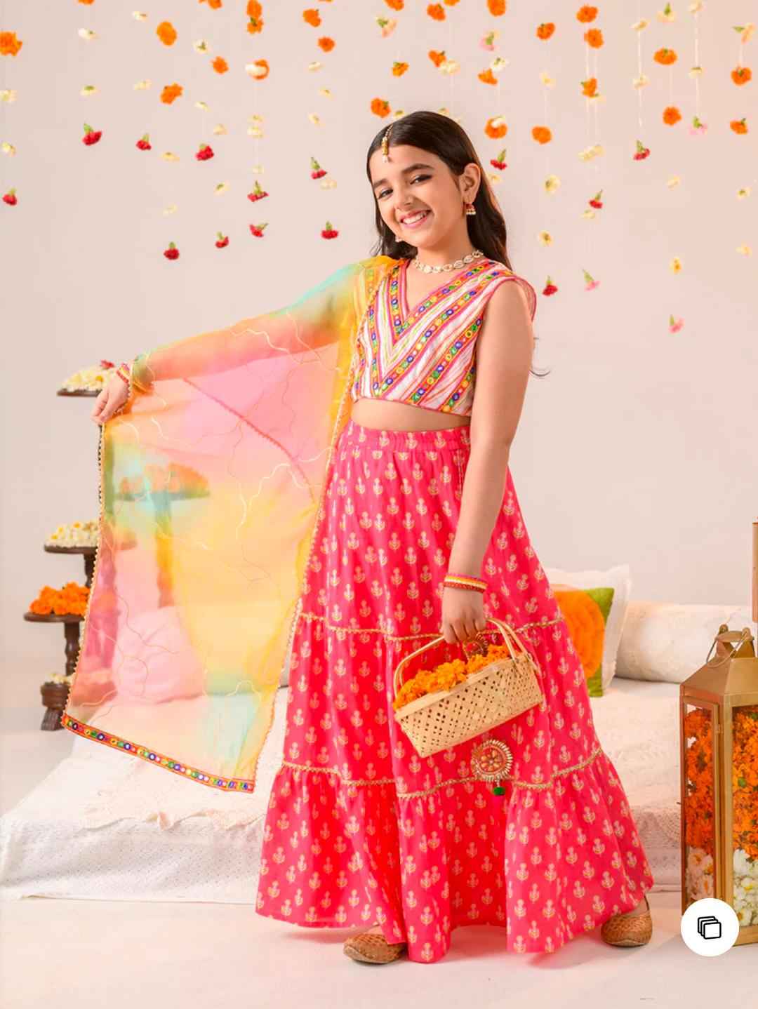 Girls Magenta Ethnic Booti Print Cotton Tiered Lehenga & Choli With Dupatta in Berlin