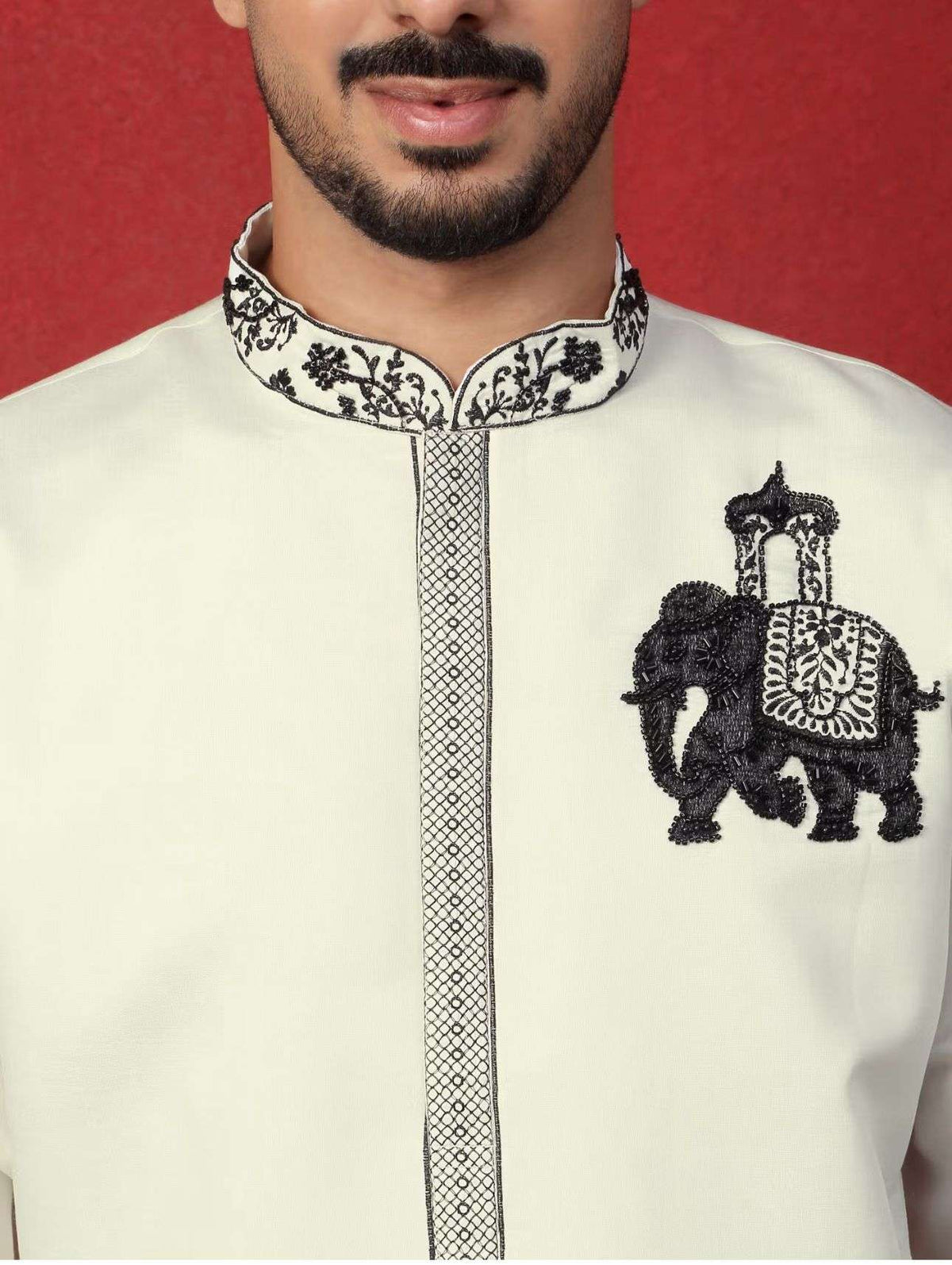 Men's Cotton Silk Beads Work Animal Motifs Cream Kurta with Pant in Berlin