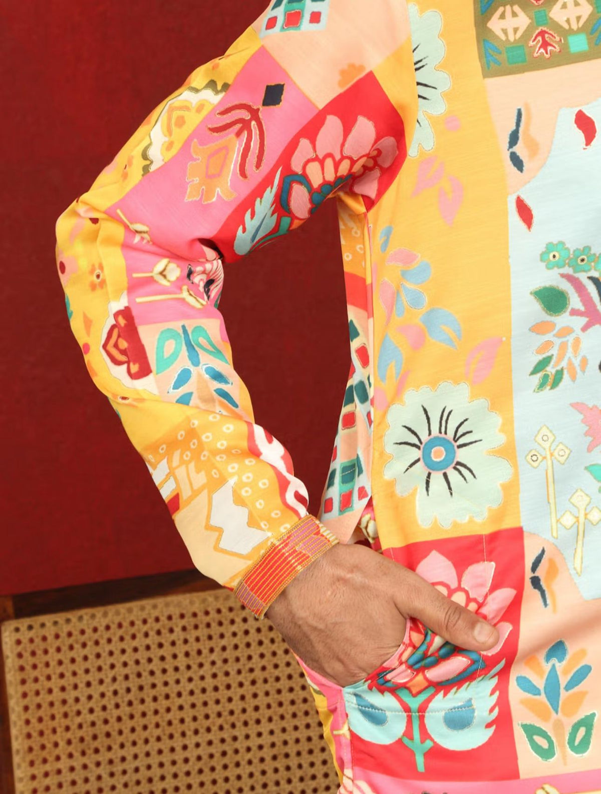 Men's Mustard Cotton Silk Floral Kurta With Pant in Germany