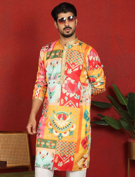 Men's Mustard Cotton Silk Floral Kurta With Pant in Germany
