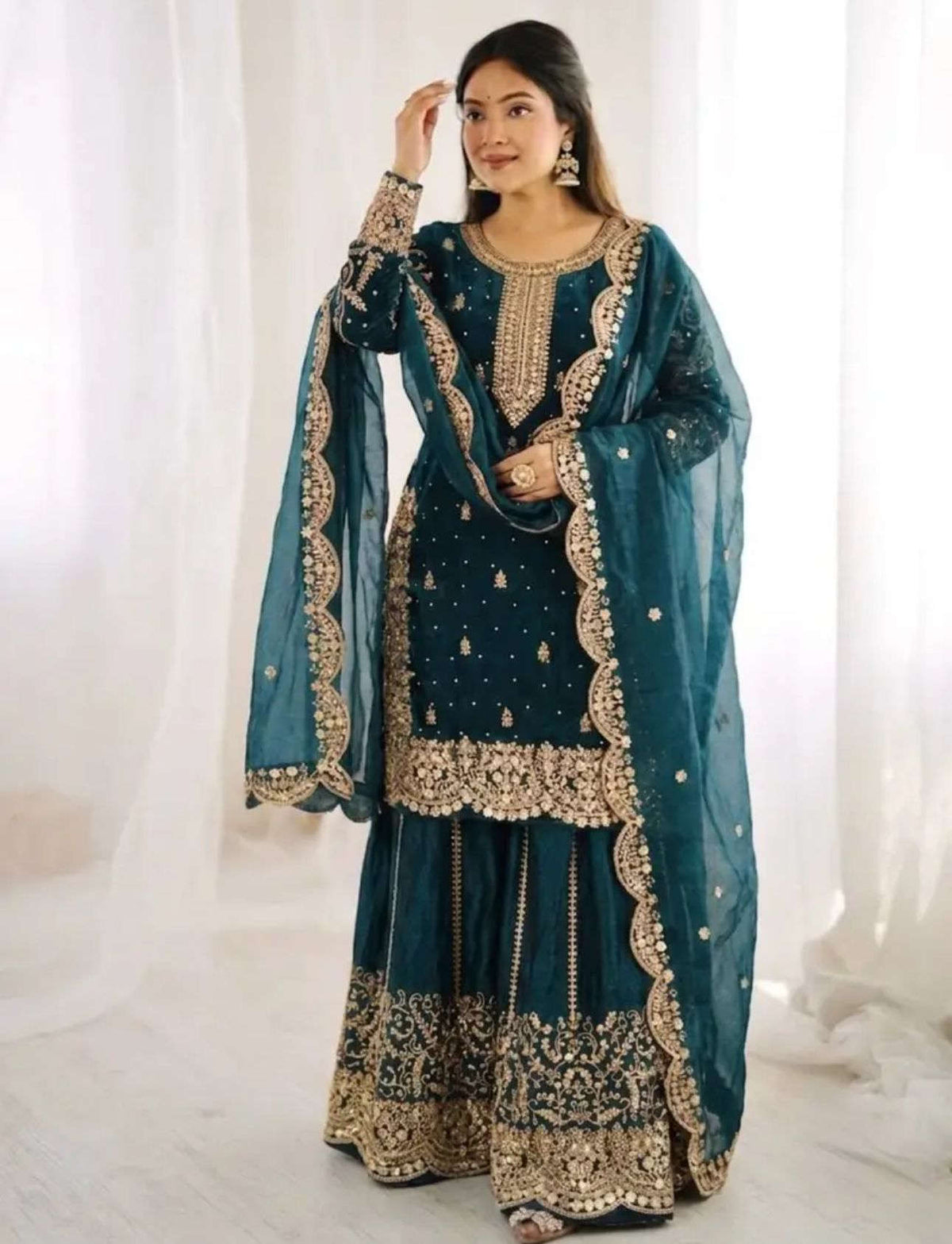 Latest Teal Blue Designer Silk Palazzo Suit for Women Party Wear In Germany Namma Markt