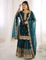 Latest Teal Blue Designer Silk Palazzo Suit for Women Party Wear In Germany Namma Markt
