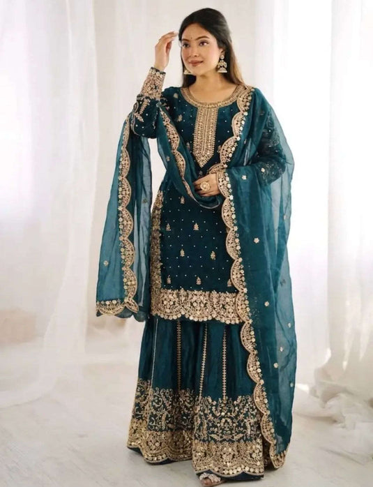 Latest Teal Blue Designer Silk Palazzo Suit for Women Party Wear In Germany Namma Markt