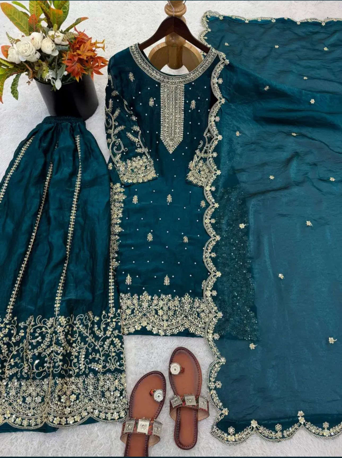 Latest Teal Blue Designer Silk Palazzo Suit for Women Party Wear In Germany Namma Markt