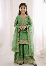 Parrot Green Embroidered Work Salwar Suit For Kid in Germany