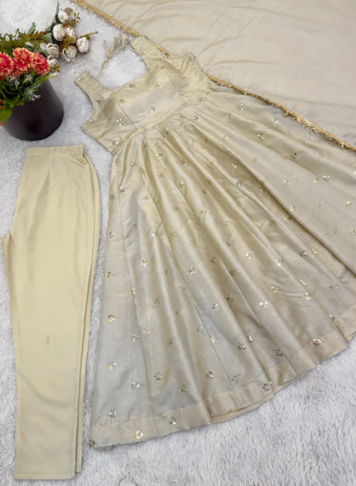 New Designer Cosmos Gold With Embroidery Work Gown And Dupatta Set in Germany(Anarkali Set Stitched)