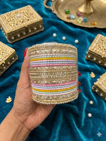 Multicoloured Kundan Pearl Zirconia Velvet Metal Bangles Set in Germany