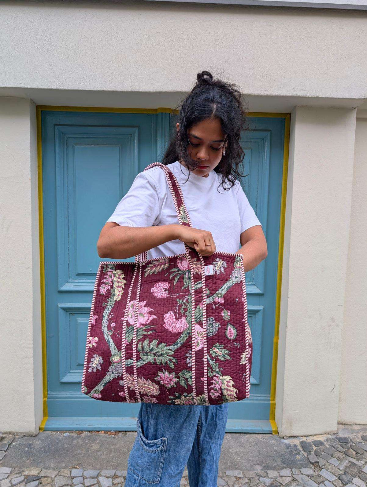 Handprinted Maroon & Pink Floral Print Quilted Cotton Tote Bag in Germany