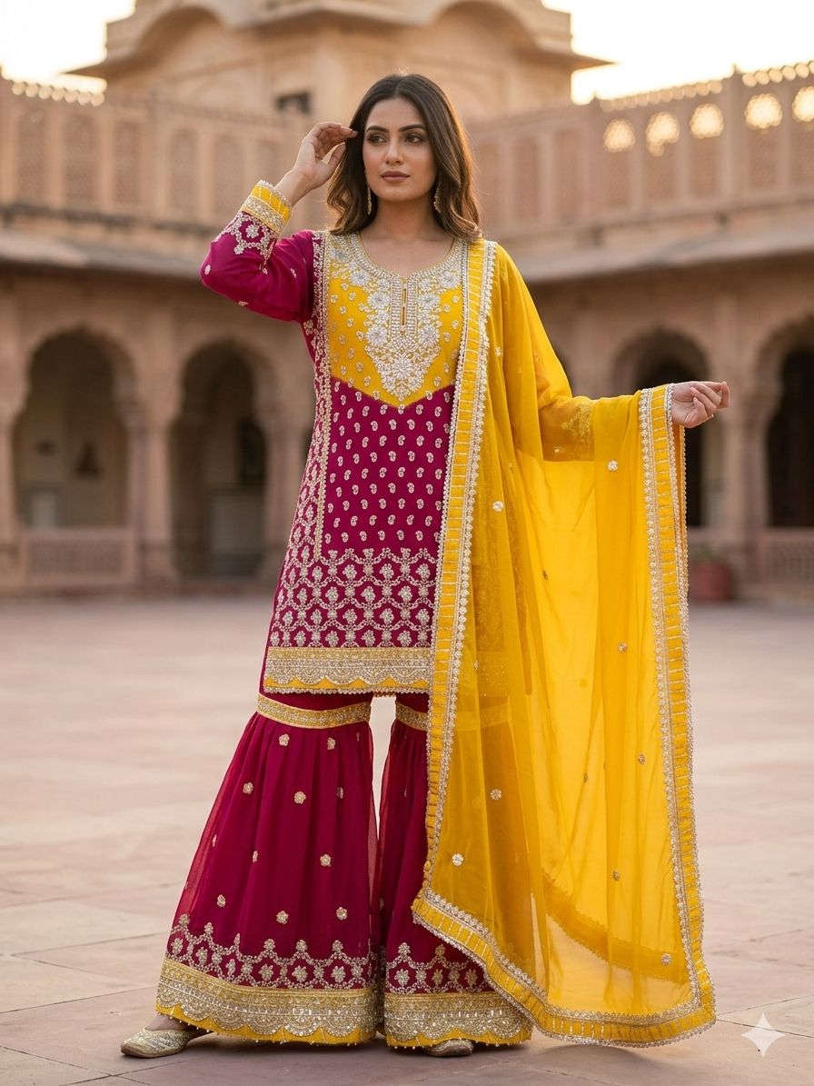 Magenta and yellow embroidered georgette sharara suit set in Berlin Namma Markt